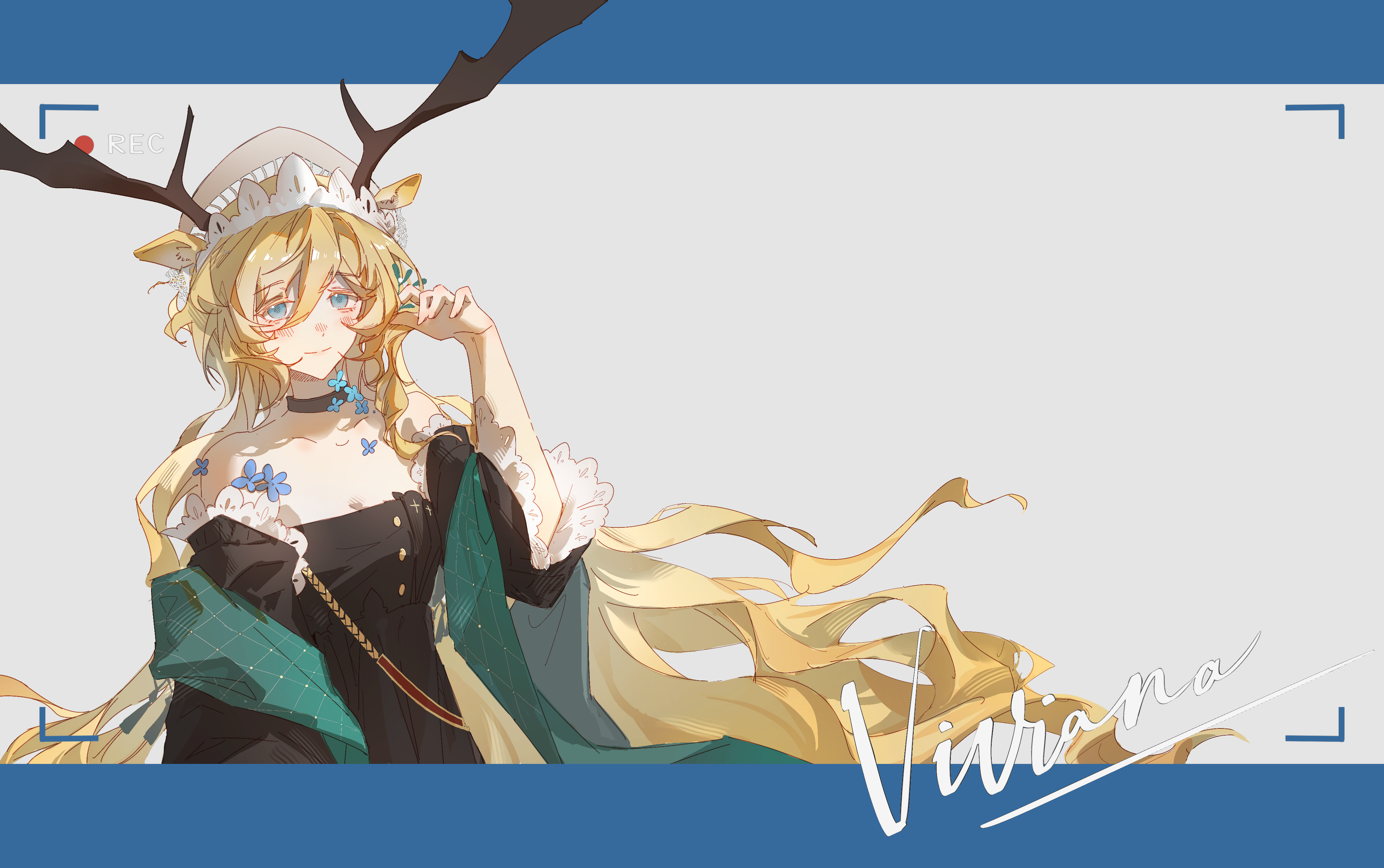 mriyak, viviana (arknights), viviana (sent from ognisko) (arknights), arknights, absurdres, highres, 1girl, antlers, bare shoulders, black choker, black dress, blonde hair, blue eyes, choker, detached sleeves, dress, horns, long hair, looking at viewer, official alternate costume, shawl, smile, solo, upper body, very long hair