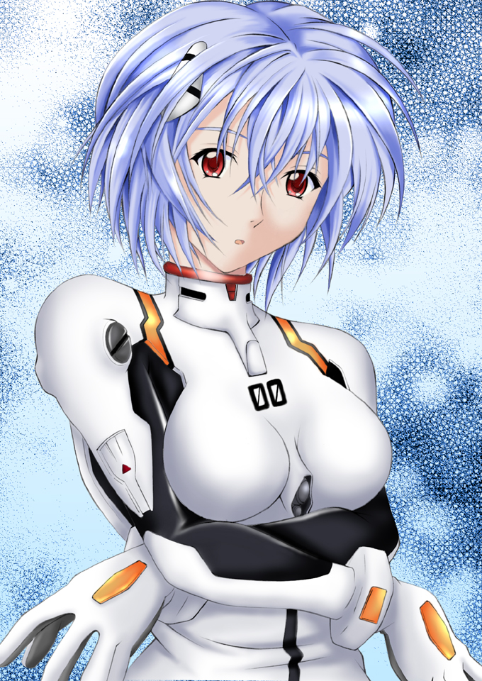 fujishiro seiki, ayanami rei, neon genesis evangelion, tagme, blue hair, interface headset (evangelion), mecha pilot suit, plugsuit (evangelion), red eyes, solo
