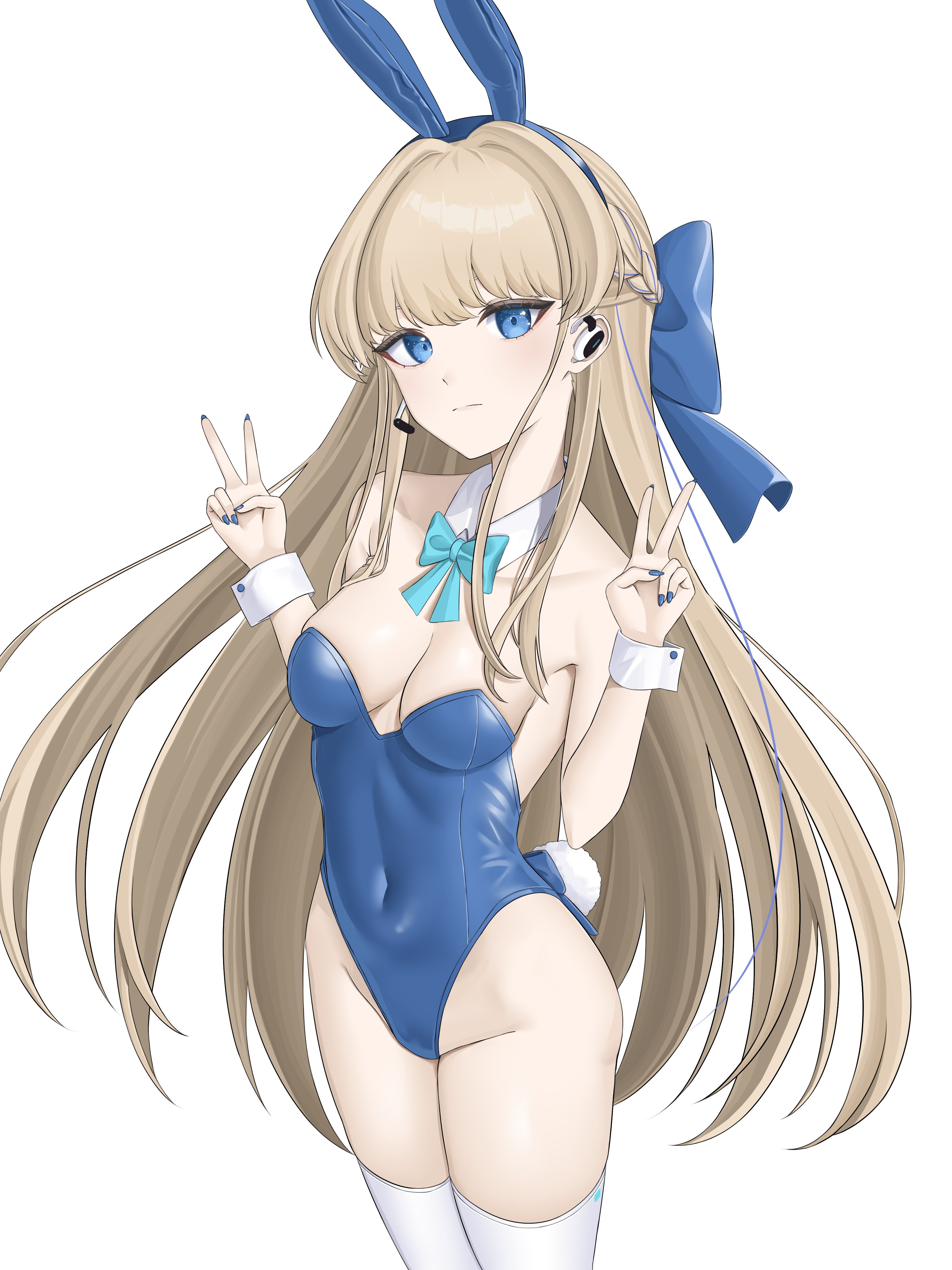 nagamma, toki (blue archive), toki (bunny) (blue archive), blue archive, 1girl, animal ears, bare shoulders, blonde hair, blue bow, blue bowtie, blue eyes, blue leotard, bow, bowtie, breasts, closed mouth, collar, covered navel, detached collar, dot nose, double v, expressionless, fake animal ears, feet out of frame, female focus, fingernails, from above, hands up, highleg, highleg leotard, leotard, long hair, looking at viewer, looking up, medium breasts, nail polish, playboy bunny, rabbit ears, rabbit tail, solo, standing, strapless, strapless leotard, tail, thighhighs, v, white collar, white thighhighs
