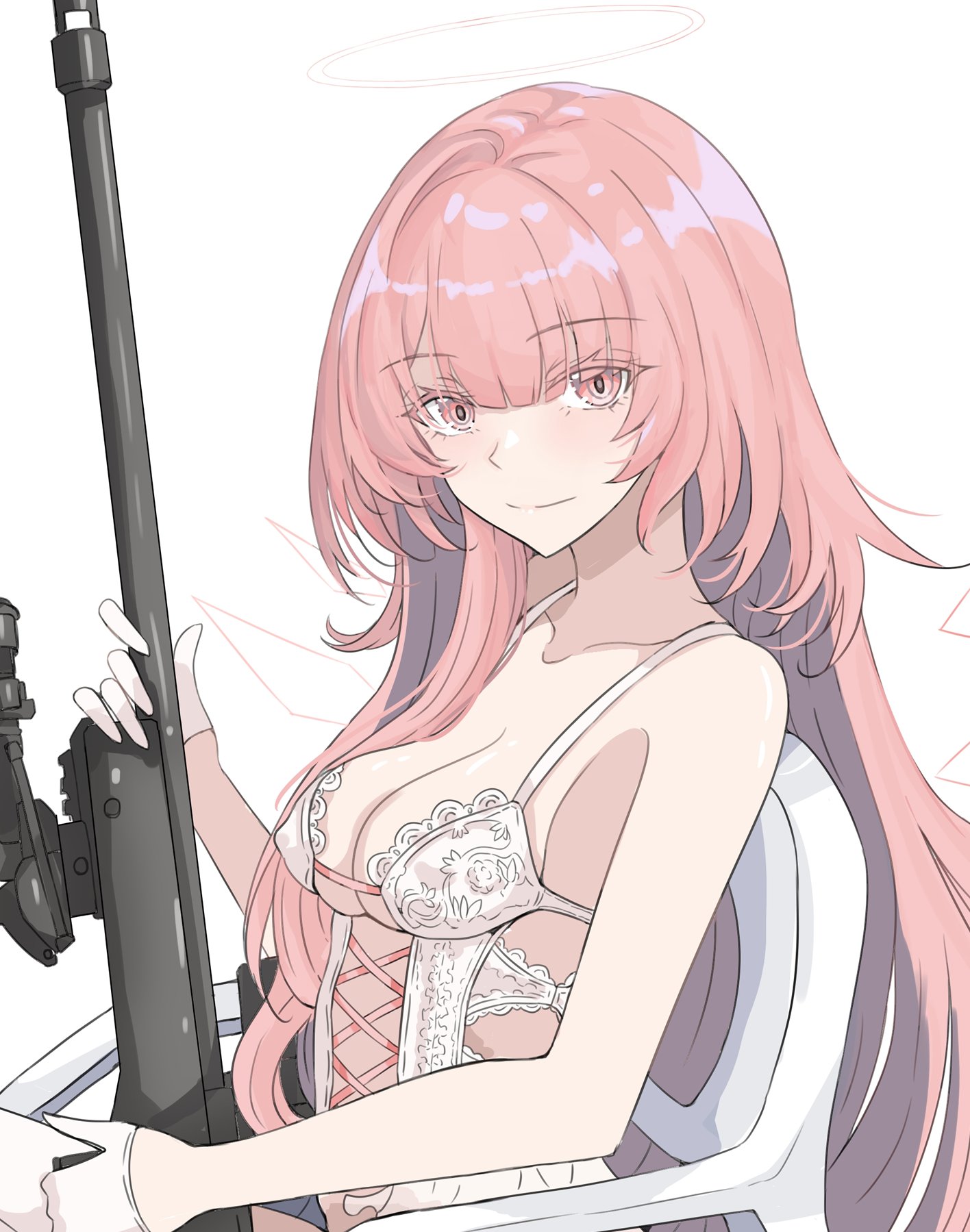 ken (shutenndouji1), lemuen (arknights), arknights, highres, 1girl, bare shoulders, breasts, cleavage, collarbone, covered erect nipples, gloves, gun, halo, holding, holding gun, holding weapon, lingerie, long hair, looking at viewer, medium breasts, pink eyes, pink hair, rifle, simple background, solo, underwear, upper body, weapon, white background, white gloves