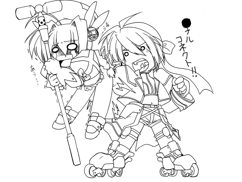 45acp, graf eisen, mach caliber, revolver knuckle, subaru nakajima, vita (nanoha), lyrical nanoha, mahou shoujo lyrical nanoha, mahou shoujo lyrical nanoha strikers, yuusha ou gaogaigar, yuusha series, 2girls, anal, anal fisting, female focus, fisting, greyscale, inline skates, monochrome, multiple girls, parody, roller skates, simple background, skates, standing, tears, white background, yuri