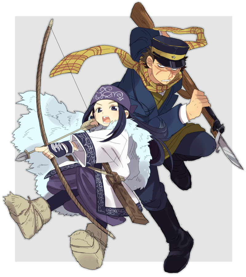 moruka (karupattyo03), asirpa, sugimoto saichi, golden kamuy, commentary, 1boy, 1girl, ainu, ainu clothes, arrow (projectile), bandana, black hair, black shoes, blue eyes, blue hat, boots, border, bow (weapon), brown hair, clenched teeth, cloak, fur boots, fur cloak, grey background, half-closed eyes, hat, holding, holding arrow, holding bow (weapon), holding weapon, imperial japanese army, japanese clothes, kepi, kimono, knee boots, long hair, military hat, military uniform, open mouth, pelt, purple bandana, purple kimono, scar, scar on face, scarf, serious, shirt, shoes, short hair, sideburns, sidelocks, spiked hair, striped clothes, striped scarf, teeth, tekunpe, v-shaped eyebrows, weapon, white border, white shirt, wide sleeves, yellow kimono, yellow scarf