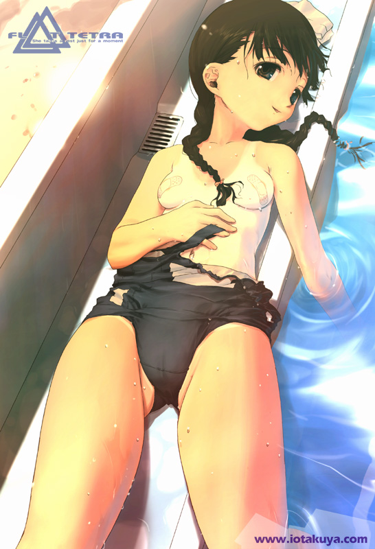 io takuya, 1girl, bandaid, bandaids on nipples, black one-piece swimsuit, braid, breasts, cameltoe, clothes pull, female focus, loli, looking at viewer, one-piece swimsuit, one-piece swimsuit pull, one-piece tan, pasties, pool, ripples, school swimsuit, small breasts, smile, solo, swimsuit, tan, tanline, topless female, twin braids, undressing, watermark, web address, wet