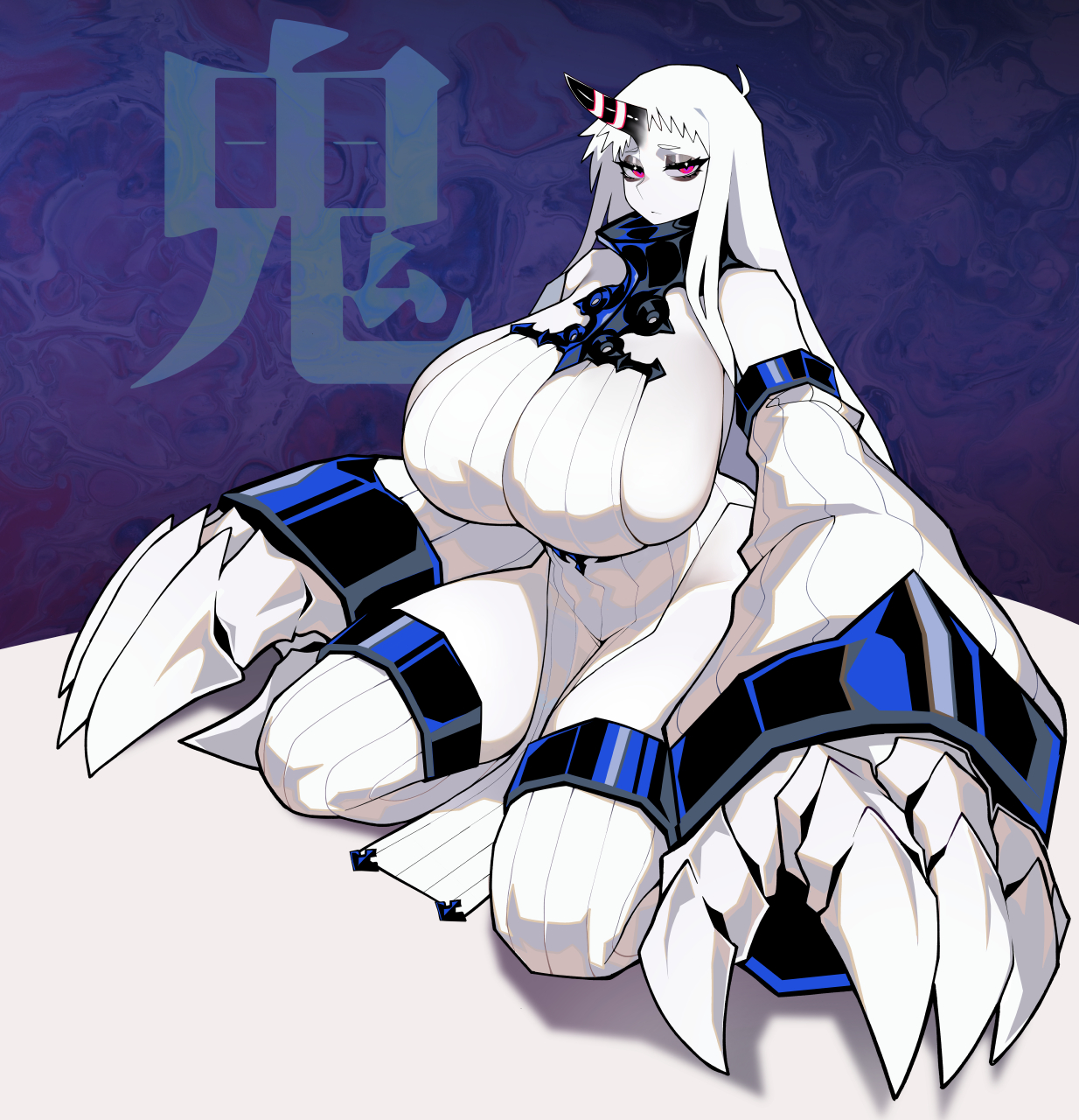 uni (oni unicorn), seaport princess, kantai collection, highres, abyssal ship, blush, breasts, claws, colored skin, detached sleeves, dress, horns, large breasts, long hair, multiple girls, red eyes, sideboob, single horn, white hair, white skin