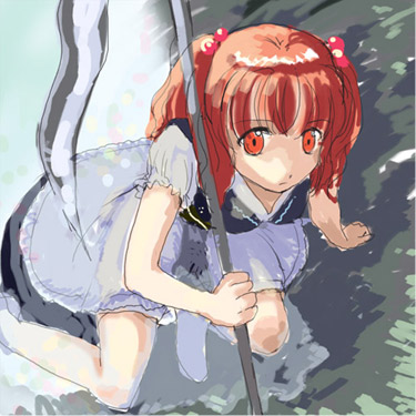 onozuka komachi, touhou, lowres, 1girl, female focus, scythe, solo