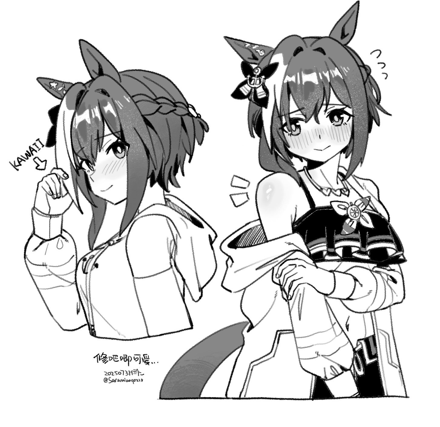 saramiao-chan, cheval grand (summer calm navy drop) (umamusume), cheval grand (umamusume), umamusume, chinese commentary, commentary request, highres, 1girl, anchor hair ornament, animal ears, bikini, blush, braid, closed mouth, cropped torso, dated, ear ornament, flying sweatdrops, greyscale, hair ornament, half up braid, heart, heart necklace, hood, hooded jacket, horse ears, horse girl, horse tail, jacket, jewelry, looking at viewer, male swimwear, monochrome, navel, necklace, open clothes, open jacket, ship's wheel ornament, short hair with long locks, simple background, smile, solo, swim trunks, swimsuit, tail, twitter username, upper body, weapon