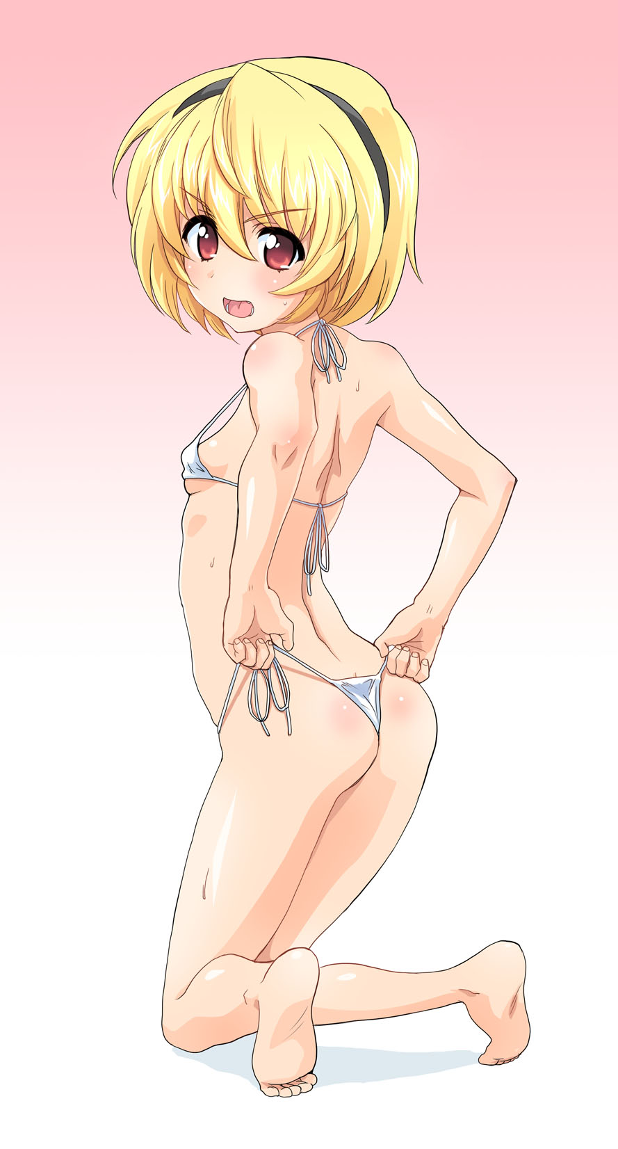 hagiya masakage, houjou satoko, higurashi no naku koro ni, highres, 00s, 1girl, ass, back, barefoot, bikini, blonde hair, blush, body blush, butt crack, fang, female focus, flat chest, from behind, hairband, kneeling, loli, looking back, open mouth, red eyes, short hair, side-tie bikini bottom, solo, string bikini, sweat, swimsuit, thong bikini, wedgie