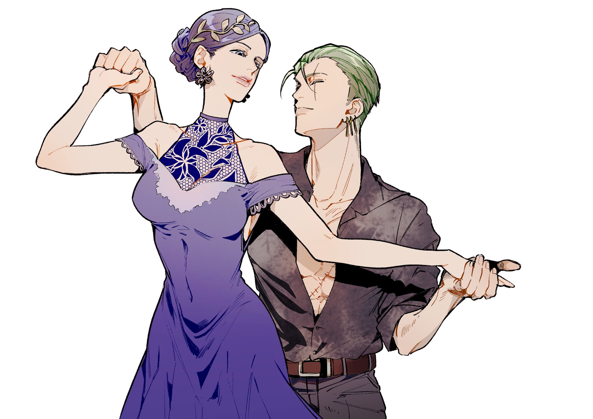 piry, nico robin, roronoa zoro, one piece, commentary, highres, 1boy, 1girl, blue dress, cowboy shot, dress, earrings, green hair, hair bun, hair slicked back, holding hands, jewelry, sash, scar, scar on face, simple background, smile, stitched torso, stitches, turtleneck, turtleneck dress, white background