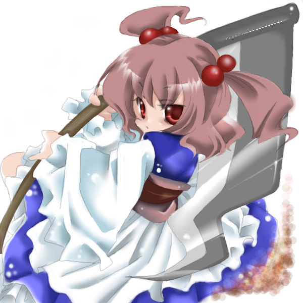 aoi mitsuru, onozuka komachi, touhou, 1girl, female focus, red eyes, red hair, scythe, solo, white background