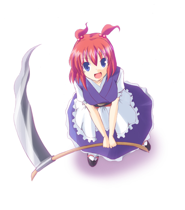 onozuka komachi, touhou, 1girl, blue eyes, female focus, red hair, scythe, solo, standing, white background