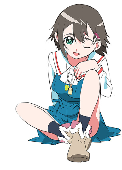 kawasaki kazuhiko, isurugi noe, true tears, 00s, 1girl, boots, brown hair, female focus, green eyes, hair ornament, jewelry, necklace, one eye closed, school uniform, serafuku, short hair, solo