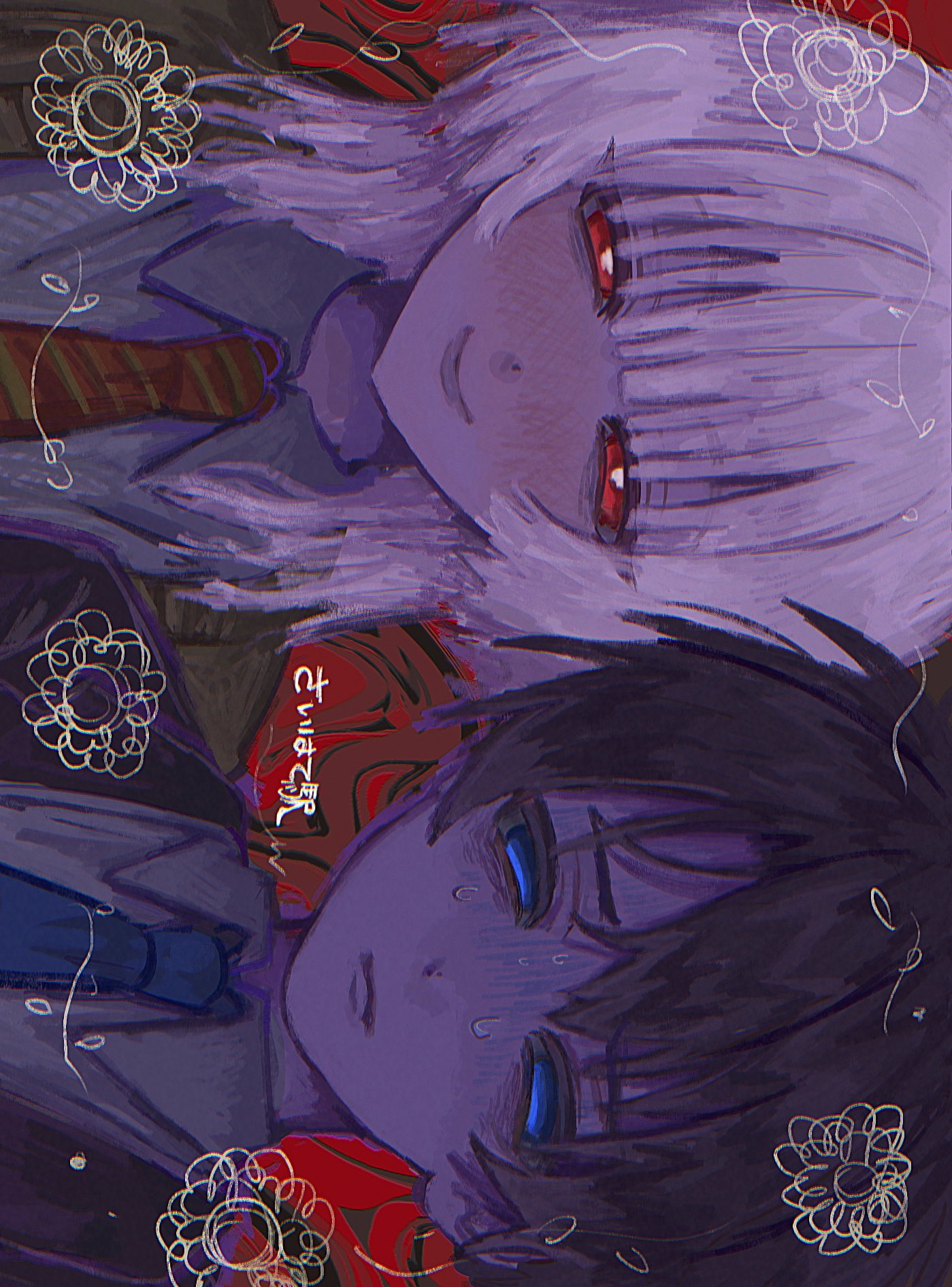 akinashi haru, tatsunami shion, saihate eki, highres, rotated, 2boys, black hair, black jacket, blazer, blue eyes, blue necktie, blunt bangs, blush, border, bright pupils, brown cardigan, cardigan, closed mouth, collared shirt, diagonal-striped clothes, diagonal-striped necktie, flower, frown, furrowed brow, gloom (expression), hair between eyes, half-closed eyes, jacket, jellyfish cut, looking at viewer, male focus, multiple boys, narrowed eyes, nausea, necktie, nervous, nervous sweating, ornate border, red eyes, red necktie, shaded face, shirt, short hair, smile, striped clothes, sweat, sweatdrop, text background, turn pale, two-tone necktie, white flower, white hair, white pupils, white shirt