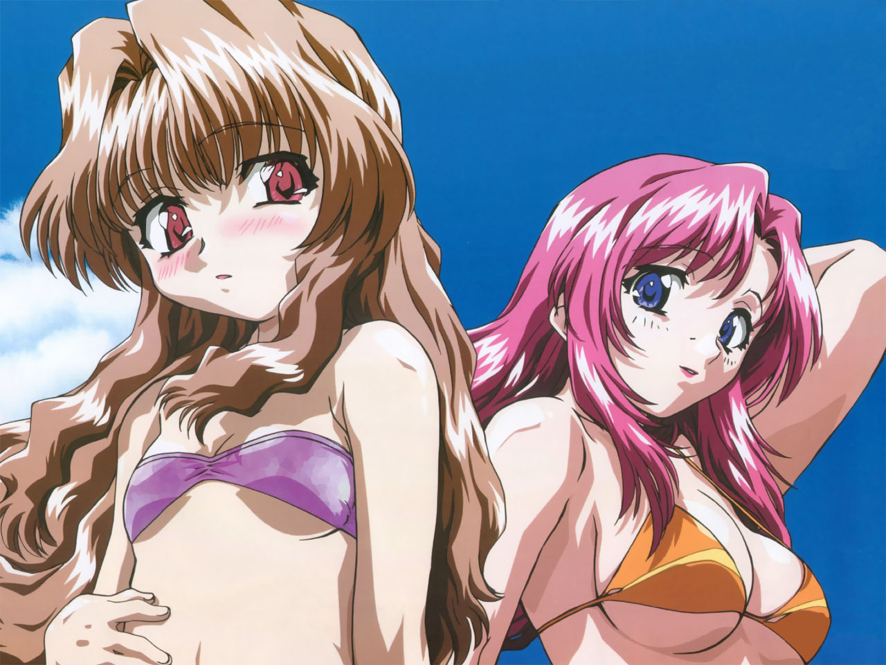 kimishima ikutomo, kazami mizuho, morino ichigo, onegai teacher, onegai twins, official art, official wallpaper, 00s, 2girls, arm up, bandeau, bikini, blue eyes, blush, breasts, brown hair, cleavage, cloud, day, embarrassed, flat chest, large breasts, lipstick, long hair, makeup, micro bikini, multiple girls, outdoors, pink eyes, pink hair, red eyes, sideboob, sky, smile, swimsuit, underboob, wavy hair