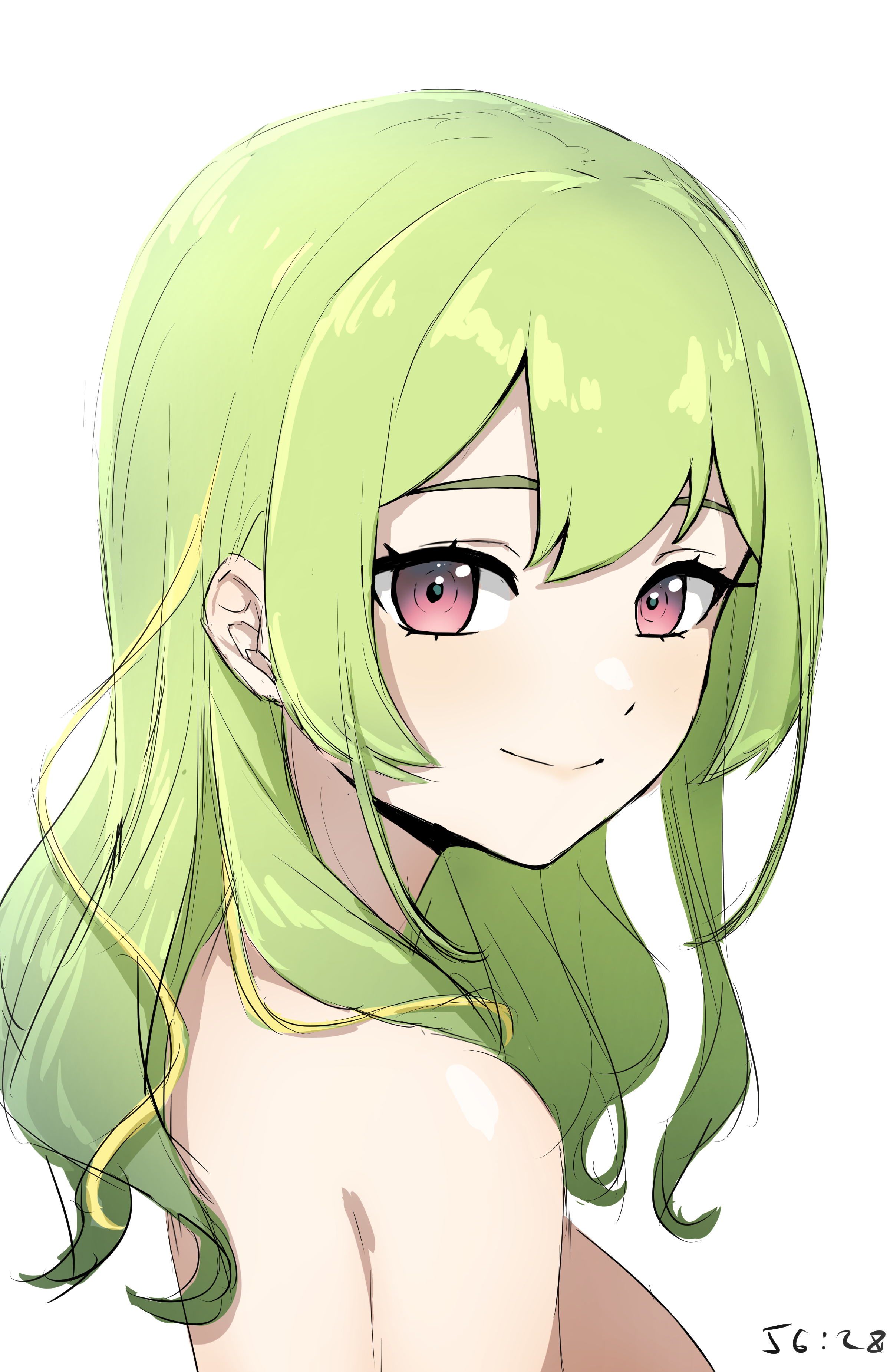 daydarion, ichika maia, indie virtual youtuber, absurdres, highres, 1girl, green hair, light blush, looking at viewer, nude, portrait, purple eyes, simple background, smile, virtual youtuber, white background