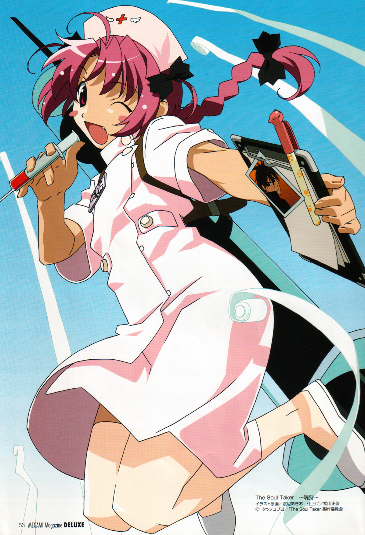 watanabe akio, date kyousuke, nakahara komugi, megami deluxe, megami magazine, nurse witch komugi-chan, soul taker, highres, scan, 00s, 1girl, ahoge, blush stickers, braid, clipboard, fang, female focus, hat, jumping, nurse, nurse cap, one eye closed, photo (object), pink hair, red eyes, solo, syringe, wink