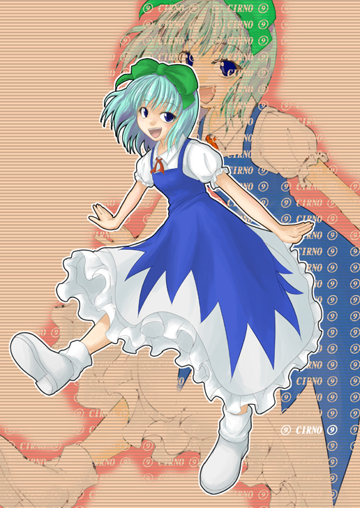 fechirin, cirno, phantasmagoria of flower view, touhou, 1girl, blue hair, bow, circled 9, female focus, outstretched arms, smile, solo
