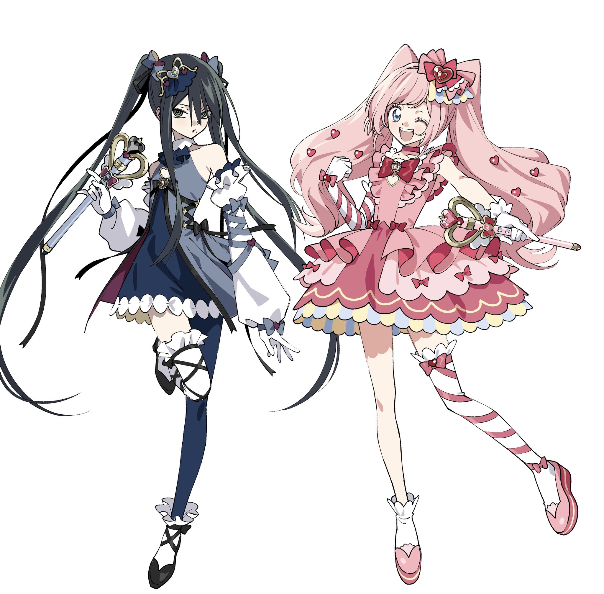 ningiyau, original, highres, 2girls, asymmetrical gloves, asymmetrical legwear, bare shoulders, black dress, black hair, blue eyes, bubble skirt, clothing cutout, detached sleeves, dress, frilled dress, frills, gloves, green eyes, hair ornament, hairclip, heart cutout, heart wand, holding, holding wand, long hair, looking at viewer, magical girl, multiple girls, one eye closed, open mouth, pink hair, simple background, single thighhigh, skirt, teeth, thighhighs, twintails, upper teeth only, very long hair, wand, white background, white gloves