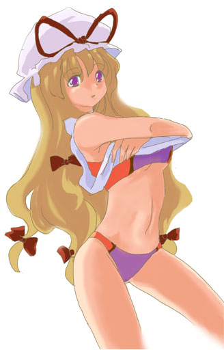 yakumo yukari, touhou, 1girl, bikini, blonde hair, clothes lift, cowboy shot, female focus, hat, long hair, mob cap, purple bikini, purple eyes, shirt lift, simple background, solo, swimsuit, undressing, white background