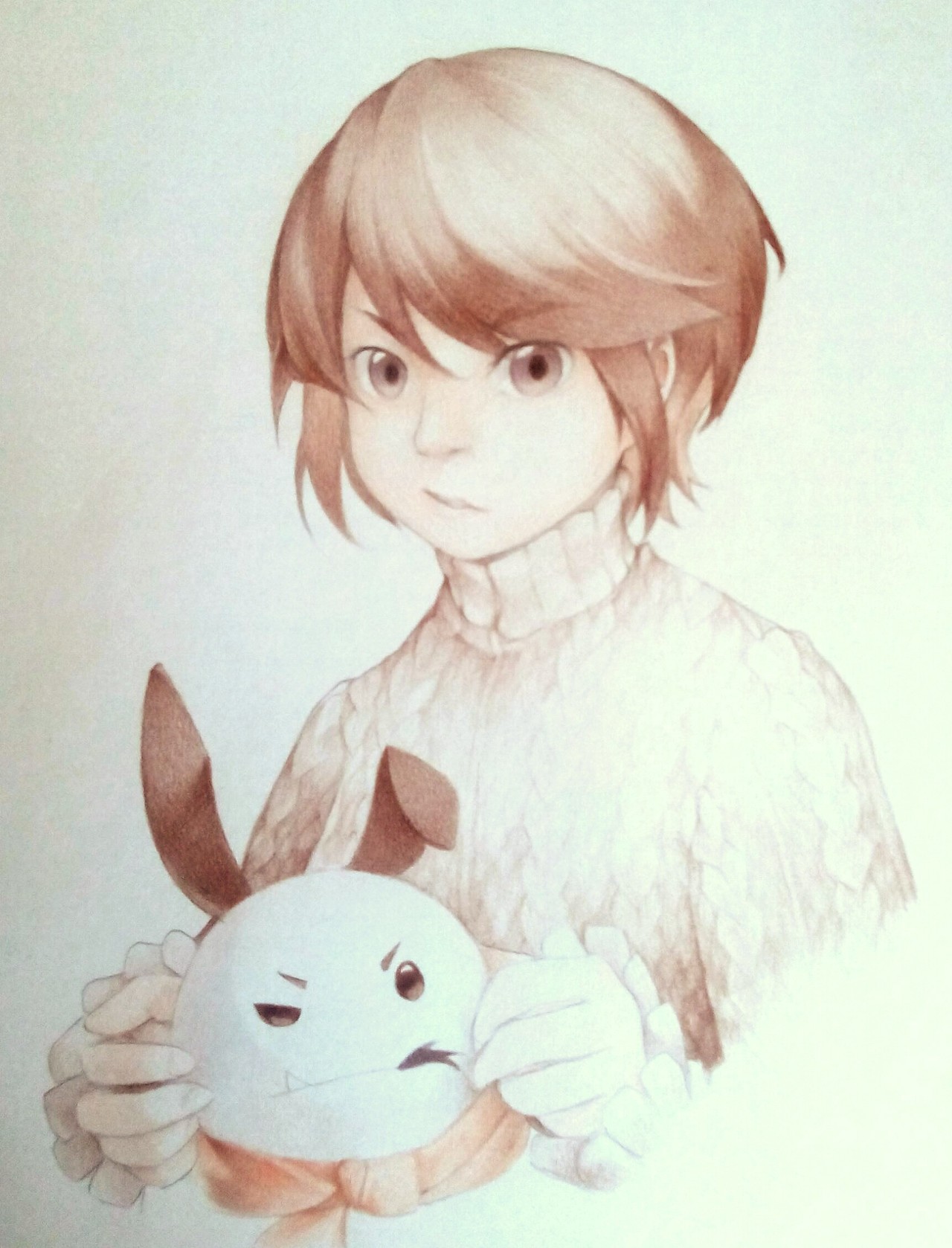 kinuhata saiai, toaru majutsu no index, colored pencil (medium), commentary, highres, traditional media, 1girl, aran sweater, brown eyes, brown hair, cable knit, hair between eyes, holding, holding stuffed toy, long sleeves, looking at viewer, nose, short hair, sidelocks, solo, stuffed animal, stuffed rabbit, stuffed toy, sweater, turtleneck, turtleneck sweater, upper body, v-shaped eyebrows, vilatile, white background, white sweater