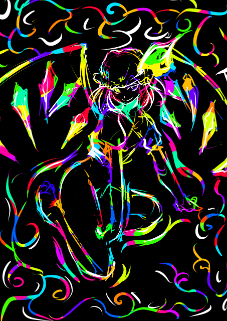 fechirin, flandre scarlet, touhou, 1girl, abstract, black background, black theme, collar, crystal, demon wings, dress, female focus, frills, full body, hat, looking at viewer, mob cap, puffy short sleeves, puffy sleeves, short sleeves, sketch, solo, vampire, wings