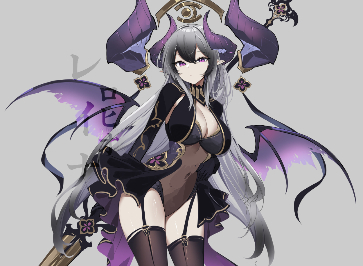 rohioart, original, 1girl, artist name, black shrug, black skirt, black thighhighs, breasts, cleavage, cowboy shot, demon horns, demon wings, detached horns, floating headgear, garter straps, grey background, grey hair, headgear, holding, holding polearm, holding weapon, horns, large breasts, leotard, long hair, long sleeves, looking at viewer, multicolored leotard, pointy ears, polearm, purple eyes, purple horns, purple wings, showgirl skirt, shrug (clothing), simple background, skirt, solo, thighhighs, very long hair, watermark, weapon, wings