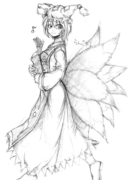 fechirin, yakumo ran, touhou, 1girl, animal ears, animal hat, bag, boots, female focus, greyscale, hat, holding, holding bag, long sleeves, mob cap, monochrome, multiple tails, musical note, quaver, short hair, sketch, solo, spring onion, tail, tassel, walking, white background, wide sleeves