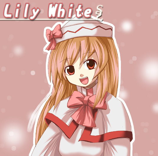 fechirin, lily white, touhou, 1girl, blonde hair, bow, capelet, character name, female focus, hat, long hair, looking at viewer, open mouth, pink bow, red eyes, smile, solo, upper body