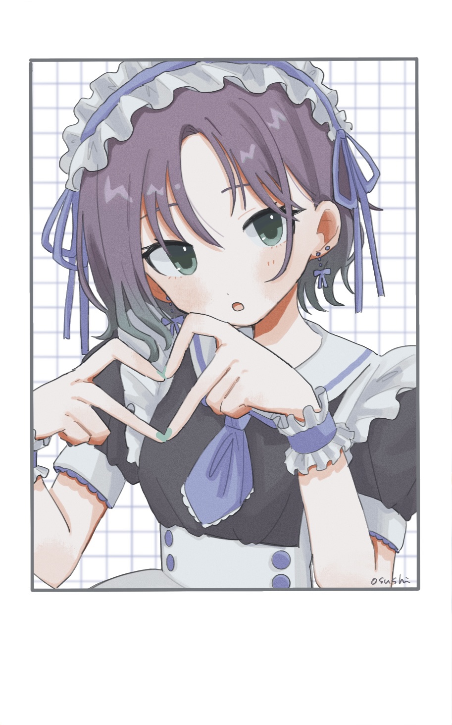 asakura toru, idolmaster, idolmaster shiny colors, commentary request, highres, 1girl, :o, alternate costume, apron, artist name, black dress, blue necktie, blush, dress, earrings, enmaided, fake photograph, four-finger heart hands, frilled hairband, frilled wristband, frills, grid background, hairband, heart, heart hands, jewelry, looking at viewer, maid, mutenka osushi, nail polish, necktie, polaroid photo, puffy short sleeves, puffy sleeves, purple hair, sailor collar, short hair, short sleeves, solo, upper body, white apron, white sailor collar