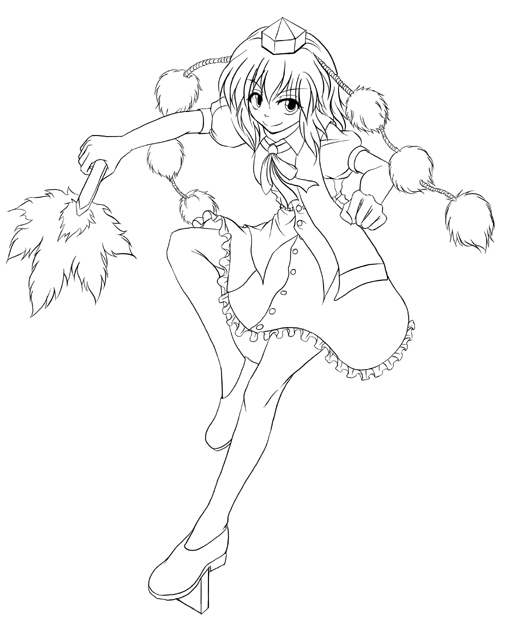 fechirin, shameimaru aya, touhou, 1girl, female focus, geta, greyscale, hand fan, hat, monochrome, smile, solo, tengu-geta, tokin hat
