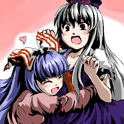 fechirin, fujiwara no mokou, kamishirasawa keine, touhou, lowres, 2girls, ^ ^, closed eyes, female focus, hug, multiple girls, oekaki, upper body