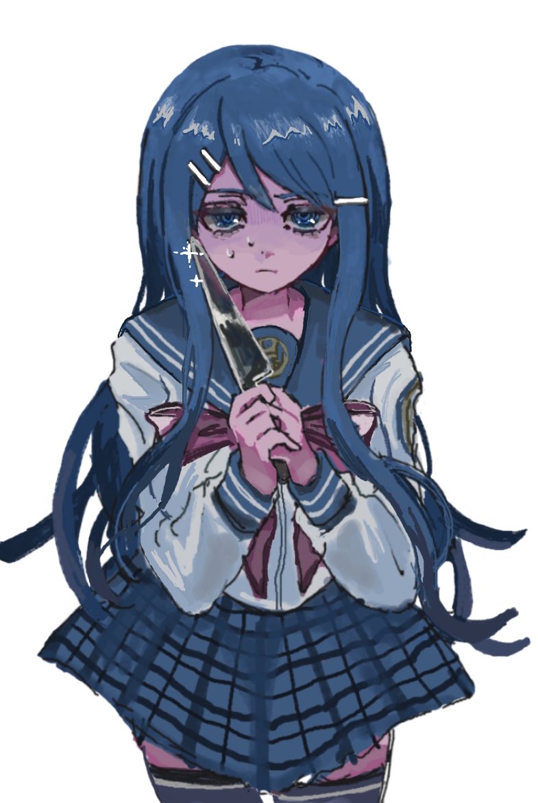 maizono sayaka, danganronpa: trigger happy havoc, danganronpa (series), 1girl, @ @, blue eyes, blue hair, bow, bowtie, emblem, facing viewer, gknx09, gloom (expression), hair ornament, hairclip, hairpin, holding, holding knife, holding weapon, knife, long hair, long sleeves, looking at viewer, multiple hairpins, nervous sweating, pink bow, pink bowtie, plaid clothes, plaid skirt, sailor collar, scared, school uniform, shirt, sidelocks, simple background, skirt, solo, sparkle, sweat, thighhighs, weapon, white background, wrist cuffs