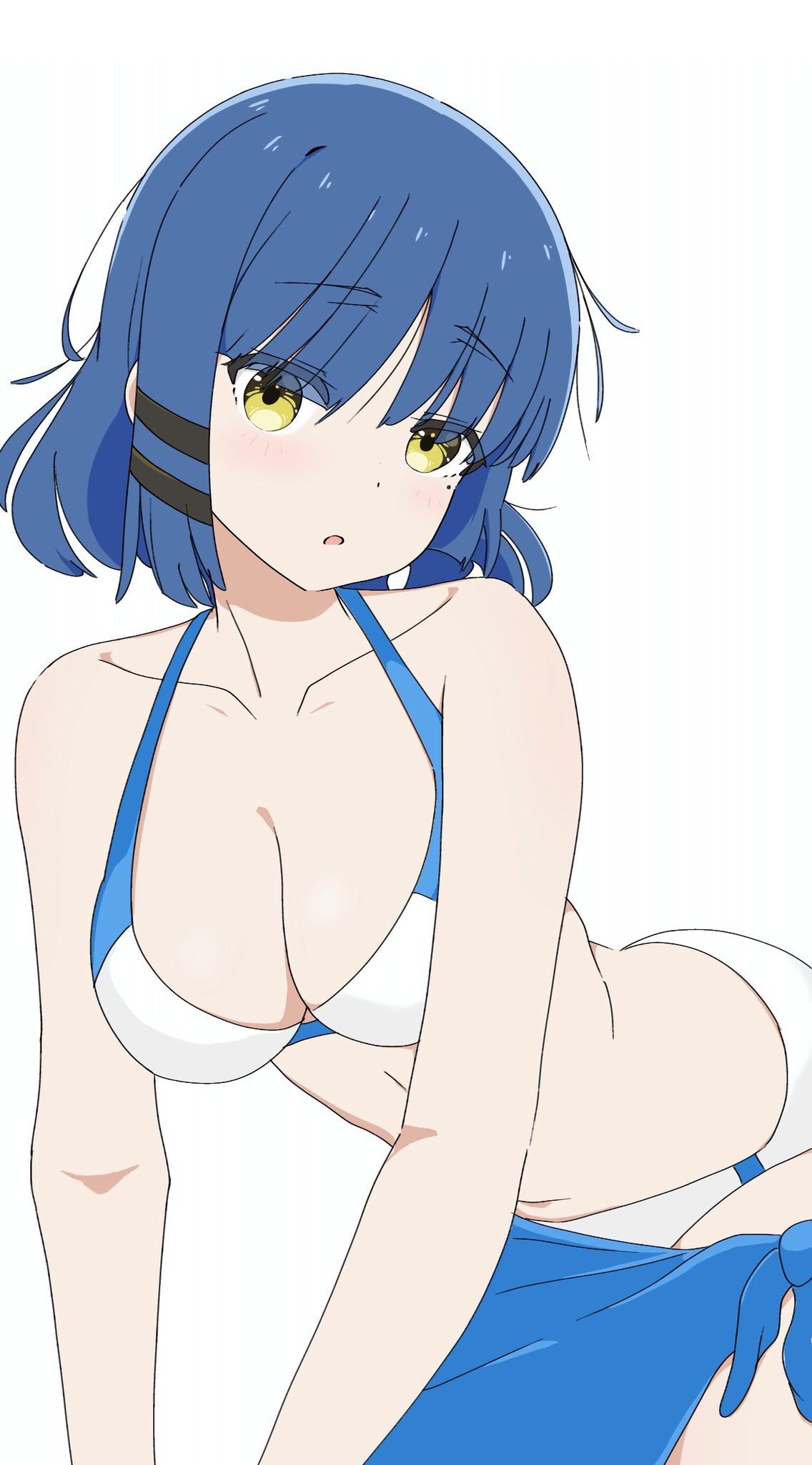 yamada ryo, bocchi the rock!, commentary, hashtag-only commentary, highres, 1girl, awaco ruku, bikini, blue hair, blush, breasts, eyes visible through hair, hair between eyes, hair ornament, hairclip, large breasts, looking at viewer, mole, mole under eye, multicolored bikini, navel, official style, open mouth, parted lips, short hair, simple background, sky, solo, swimsuit, two-tone bikini, white background, yellow eyes