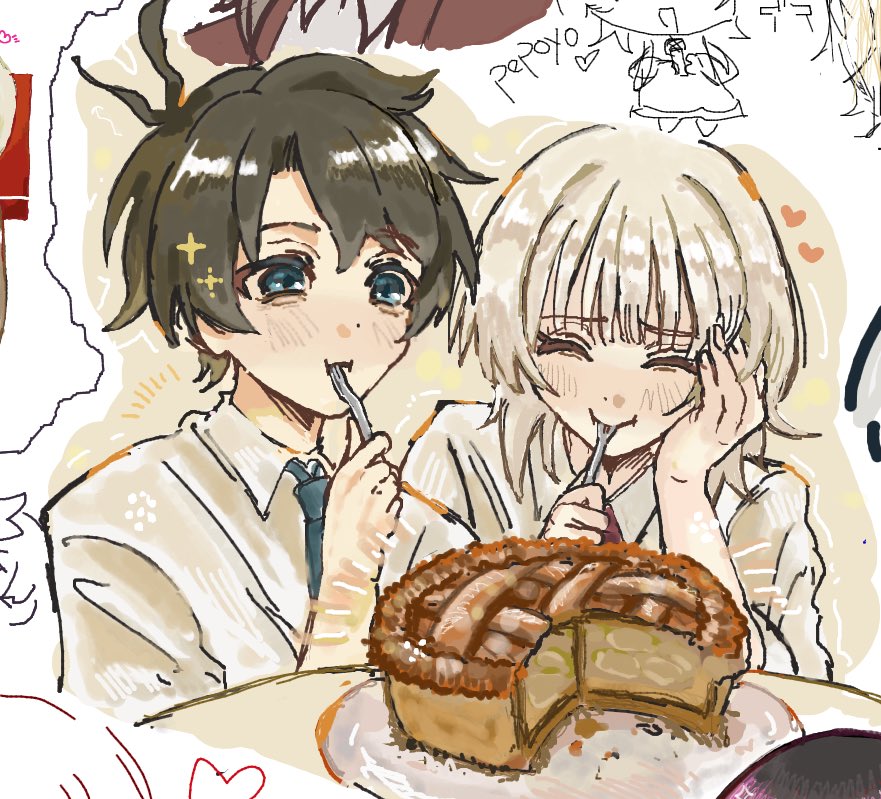 akinashi haru, tatsunami shion, saihate eki, 2boys, :t, ^ ^, antenna hair, apple pie, black hair, blue eyes, blue necktie, blunt bangs, blush, closed eyes, closed mouth, collared shirt, colored eyelashes, dessert, eating, food, food in mouth, fork, gknx09, hand on own cheek, hand on own face, hand up, happy, heart, holding, holding fork, holding utensil, jellyfish cut, looking at food, male focus, multiple boys, necktie, pie, red necktie, shirt, smile, sparkle, sparkling eyes, table, utensil, utensil in mouth, white background, white hair, white shirt, wrinkled fabric