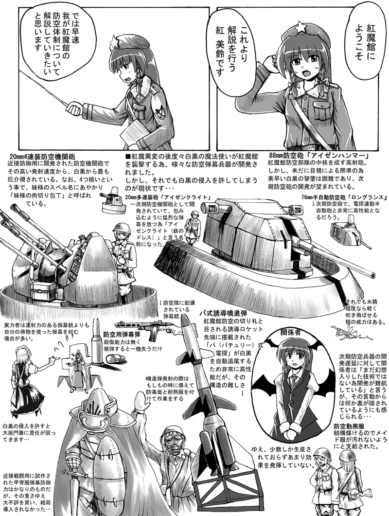 miyako (ta183), hong meiling, izayoi sakuya, koakuma, embodiment of scarlet devil, touhou, translation request, armor, comic, female focus, greyscale, gun, helmet, knife, military, military uniform, monochrome, ppsh-41, rifle, rocket, soldier, submachine gun, sword, throwing knife, weapon