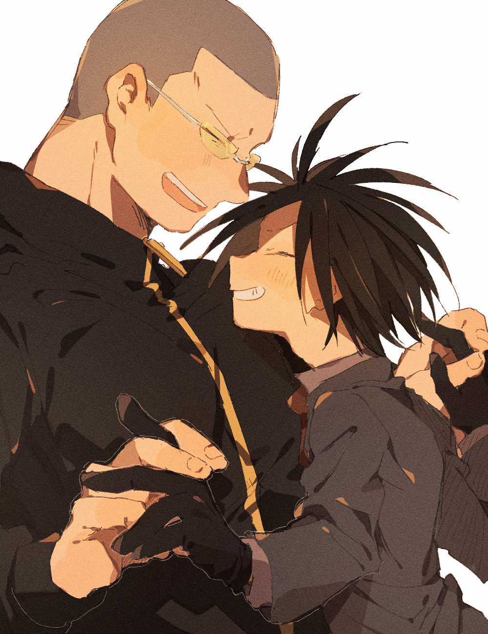sora mame (7799374), sekiguchi (odd taxi), yano (odd taxi), odd taxi, highres, 2boys, ^ ^, black gloves, black hair, black jacket, blush, buzz cut, closed eyes, collared shirt, ear blush, facing another, film grain, fingernails, forehead, formal clothes, from side, furrowed brow, gloves, grey shirt, grey suit, grin, height difference, holding hands, jacket, long sleeves, male focus, multiple boys, necktie, outline, parted bangs, profile, red necktie, shirt, short hair, simple background, smile, spiked hair, suit, suit jacket, sunglasses, teeth, track jacket, upper body, upper teeth only, v-shaped eyebrows, very short hair, white background, white outline, yaoi, zipper, zipper pull tab