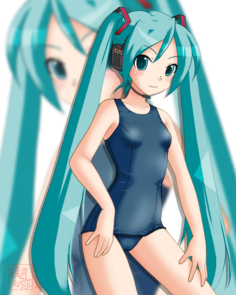 neopure, hatsune miku, vocaloid, green eyes, green hair, long hair, one-piece swimsuit, school swimsuit, solo, swimsuit, twintails, very long hair