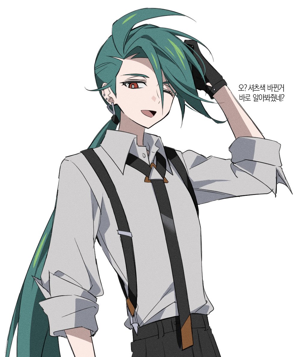 go mi 111, rika (pokemon), nintendo, pokemon, pokemon sv, translation request, 1girl, ;d, black gloves, black necktie, black pants, collared shirt, cowboy shot, ear piercing, earrings, gloves, green hair, grey shirt, hand on own head, jewelry, korean text, long hair, looking at viewer, low ponytail, necktie, one eye closed, open mouth, pants, piercing, ponytail, red eyes, shirt, simple background, smile, solo, standing, suspenders, swept bangs, triangle earrings, white background