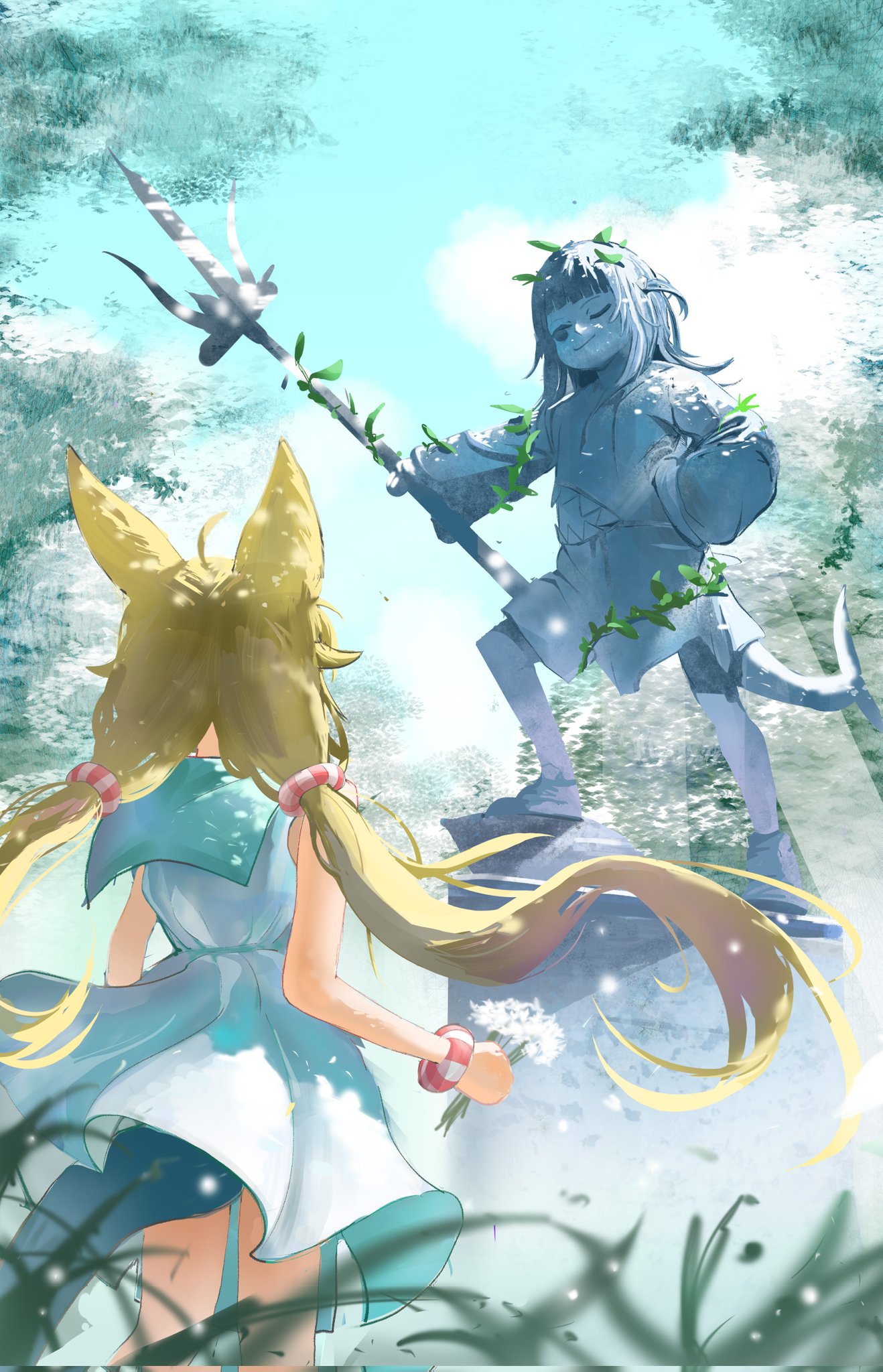 hungyn16526851, gawr gura, gawr gura (1st costume), sameko saba, hololive, hololive english, indie virtual youtuber, highres, ahoge, animal ears, blonde hair, cat ears, dress, fins, fish girl, fish tail, lifebuoy hair ornament, long hair, multicolored hair, one side up, overgrown, plant, polearm, shark tail, statue, streaked hair, tail, tree, trident, twintails, very long hair, vines, virtual youtuber, weapon, white dress