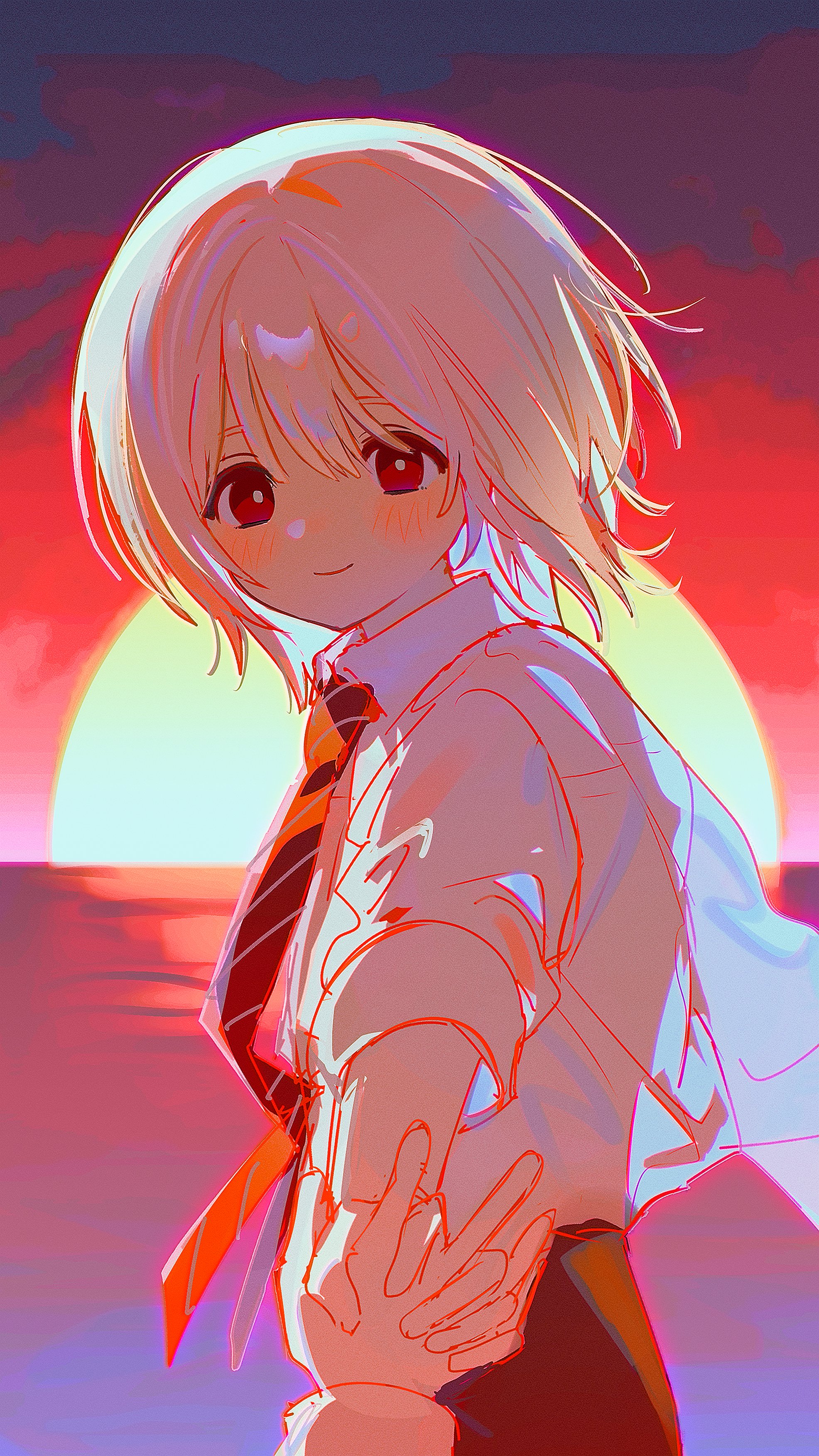 akinashi haru, tatsunami shion, saihate eki, absurdres, highres, 1boy, beach, blunt bangs, blush, closed mouth, collared shirt, dappled sunlight, diagonal-striped clothes, diagonal-striped necktie, gradient sky, hair between eyes, hand grab, jellyfish cut, looking at viewer, medium hair, necktie, ocean, pants, red eyes, shadow, shirt, sky, smile, striped clothes, sunlight, sunset, umeboshi0018, white hair, white shirt, white sleeve cuffs