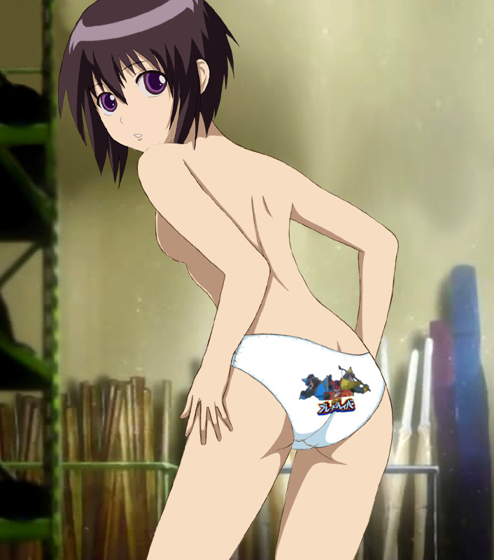 kawazoe tamaki, bamboo blade, 00s, 1girl, ass, backboob, breasts, female focus, indoors, looking at viewer, looking back, parted lips, purple eyes, purple hair, short hair, small breasts, solo, standing, topless female