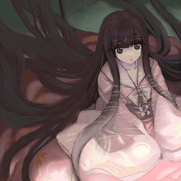 nanami sano, houraisan kaguya, touhou, 1girl, absurdly long hair, bow, brown eyes, brown hair, female focus, hime cut, long hair, long sleeves, sitting, sleeves past wrists, solo, very long hair, wide sleeves