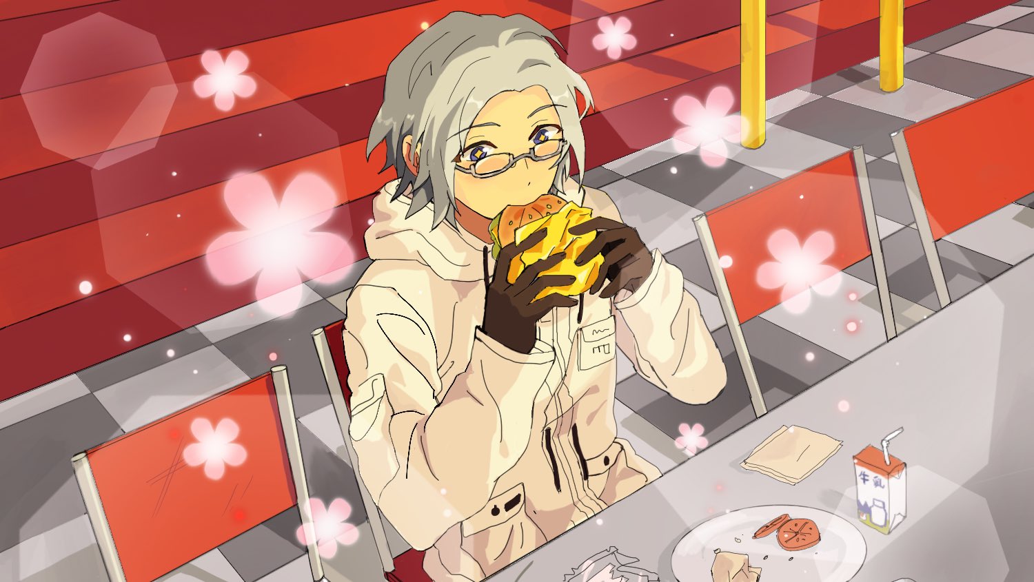 aotsuki eito, ensemble stars!, the hundred line -last defense academy-, commentary, commission, english commentary, + +, 1boy, black gloves, blue eyes, breast pocket, burger, chair, eating, food, glasses, gloves, grey hair, holding, holding burger, holding food, indoors, jacket, light particles, looking at food, male focus, milk carton, napkin, on chair, parody, plate, pocket, short hair, siegmvnd, sitting, solo, style parody, table, white jacket