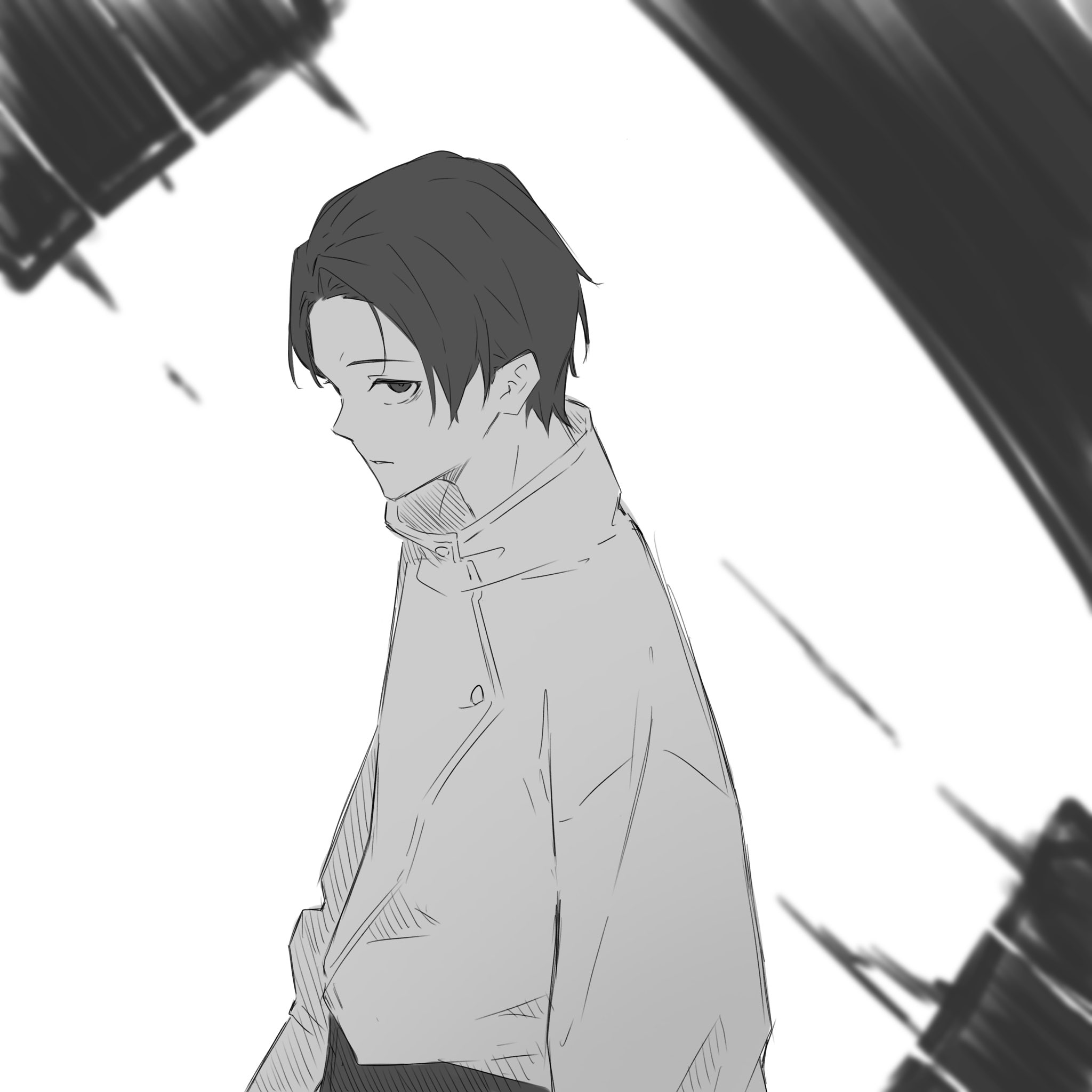kanade (kanade 3344), okkotsu yuuta, jujutsu kaisen, highres, 1boy, greyscale, jacket, looking at viewer, male focus, monochrome, parted lips, short hair, solo