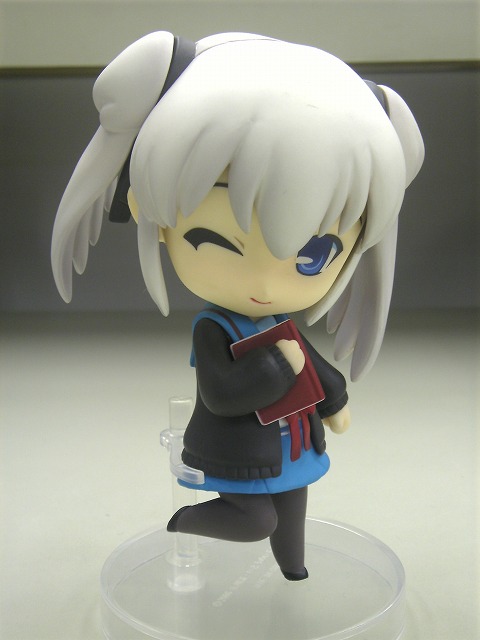 photo (medium), tagme, blue eyes, book, cardigan, chibi, figure, grey hair, no humans, one eye closed, sailor collar, school uniform, solo, wink