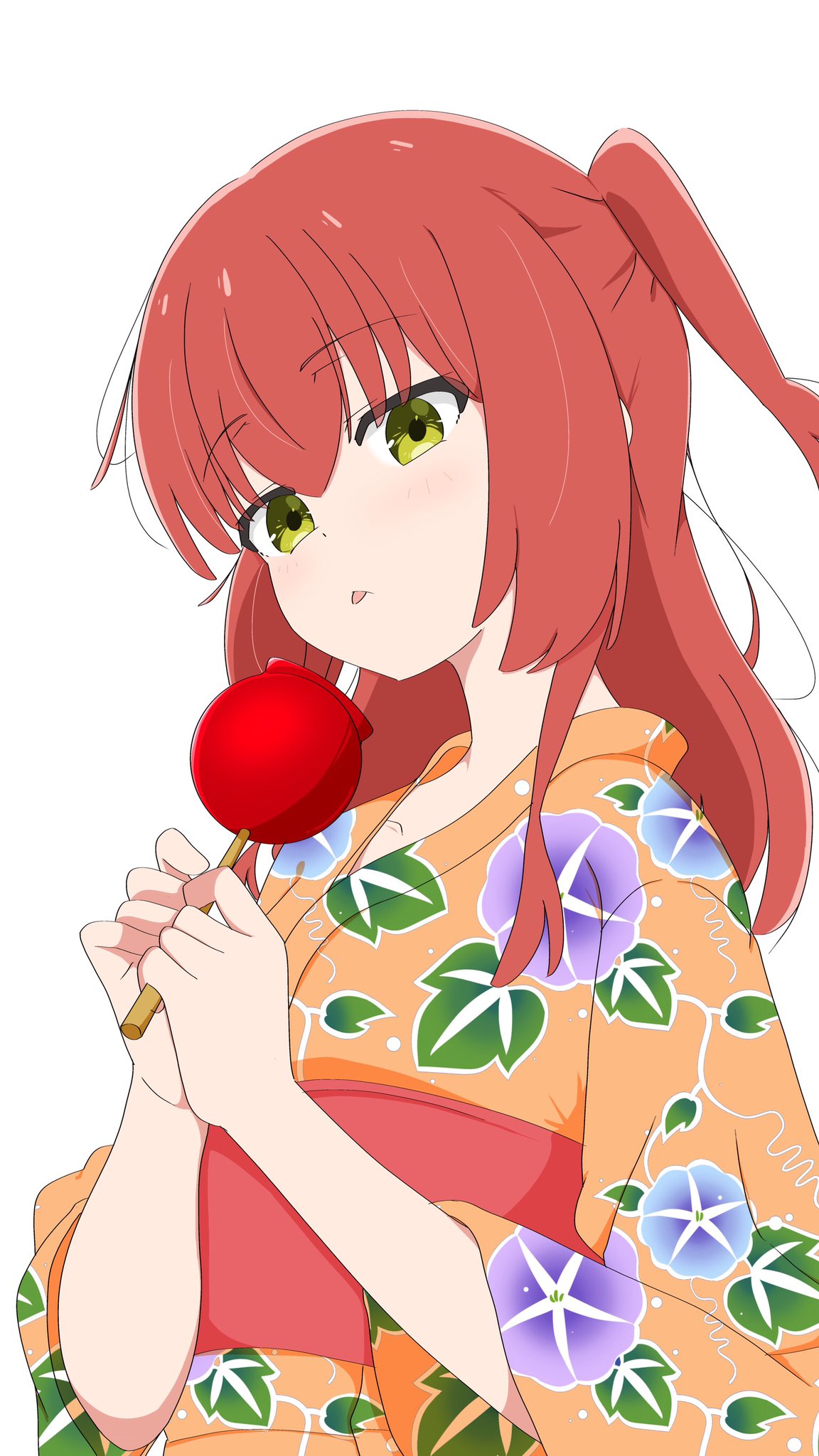 kita ikuyo, bocchi the rock!, highres, 1girl, aerial fireworks, awaco ruku, candy apple, closed mouth, eyes visible through hair, festival, fireworks, floral print, floral print kimono, food, green eyes, hair between eyes, holding, holding candy apple, holding food, japanese clothes, kimono, lantern, long hair, night, night sky, obi, official style, orange kimono, outdoors, paper lantern, ponytail, print kimono, red hair, red sash, sash, side ponytail, sidelocks, simple background, sky, solo, tongue, tongue out, white background