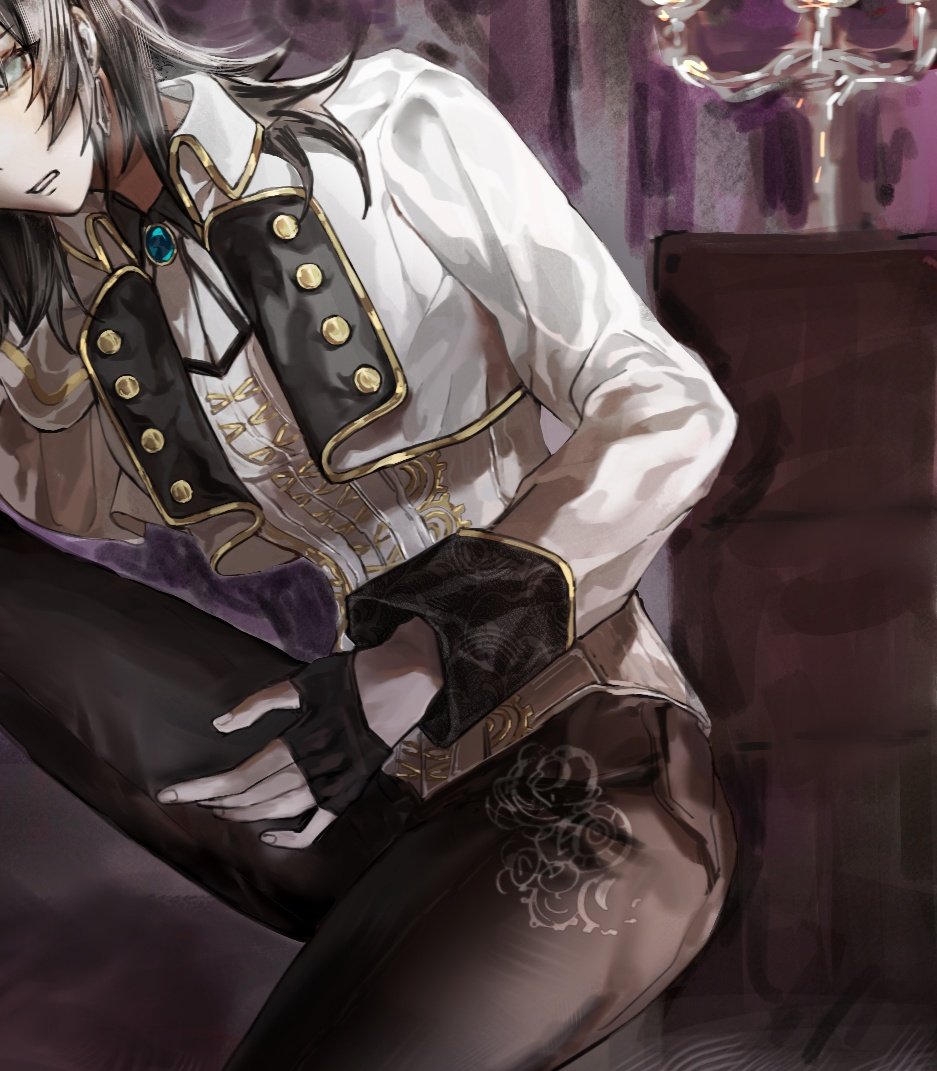 feiyu30903448, yahata umiri, bang dream!, bang dream! it's mygo!!!!!, 1girl, black gloves, black hair, black pants, blue brooch, cropped jacket, earrings, fingerless gloves, gloves, jacket, jewelry, medium hair, open mouth, pants, shirt, solo, white jacket, white shirt