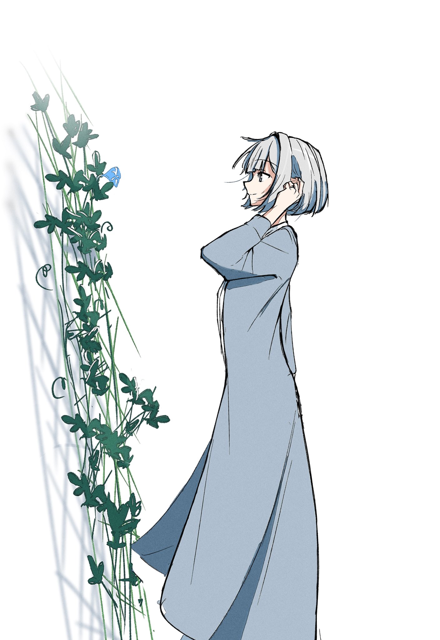 hoshikawa shizuku, kimi to tsuzuru utakata, commentary, hashtag-only commentary, highres, 1girl, blue dress, blue eyes, closed mouth, dress, grey hair, hand up, long sleeves, nobunaga (nbng g), short hair, simple background, solo, white background