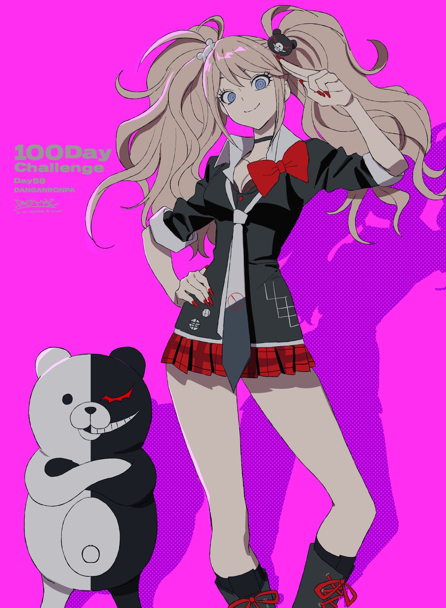 betti (xx betti), enoshima junko, monokuma, danganronpa: trigger happy havoc, danganronpa (series), highres, 1girl, bear hair ornament, black boots, black bra, black choker, black jacket, blonde hair, blue eyes, boots, bow, bra, breasts, choker, cleavage, copyright name, hair ornament, hand on own hip, jacket, long hair, looking at viewer, pink background, pleated skirt, red bow, red nails, red skirt, shadow, signature, skirt, sleeves rolled up, smile, twintails, underwear, w
