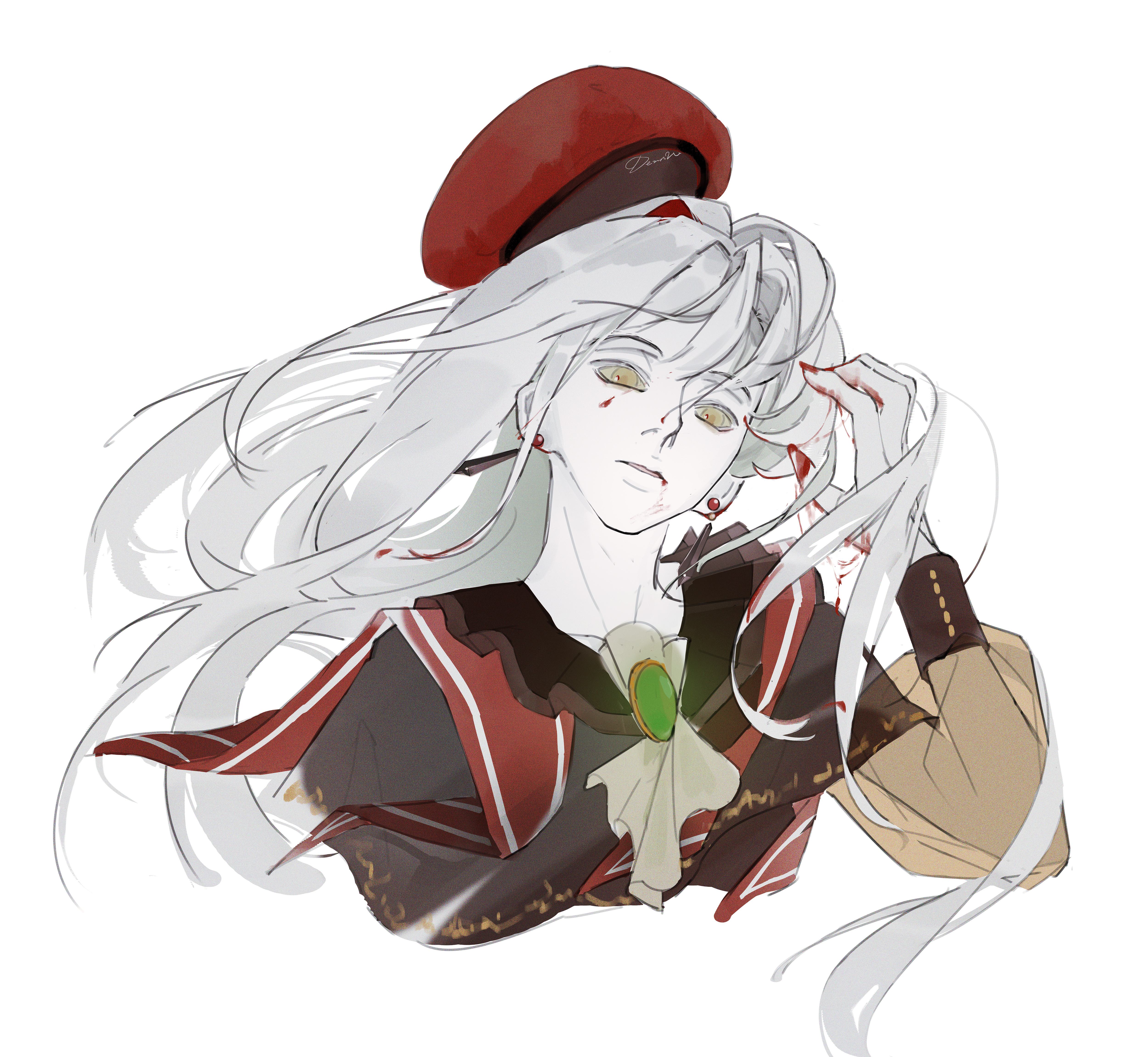 dernw (verh2245), mortis (bang dream!), mortis (costume) (bang dream!), wakaba mutsumi, bang dream!, bang dream! it's mygo!!!!!, absurdres, commentary, highres, 1girl, ascot, beret, black capelet, blood, blood on hands, capelet, earrings, green brooch, grey hair, hat, jewelry, long hair, open mouth, red hat, simple background, solo, white ascot, white background, yellow eyes
