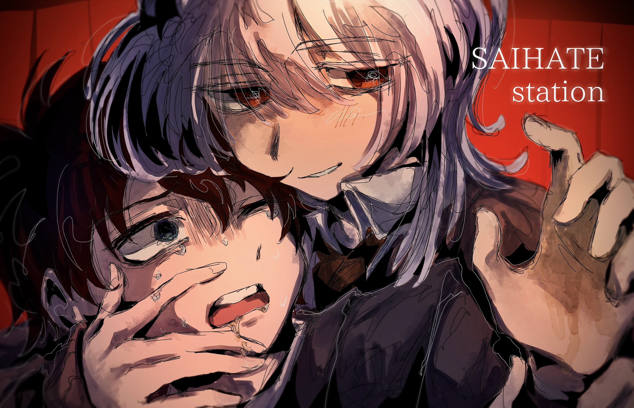 akinashi haru, tatsunami shion, saihate eki, highres, 2boys, @ @, black hair, blazer, blue eyes, blunt bangs, blush, brown cardigan, cardigan, collared shirt, crying, crying with eyes open, furrowed brow, gloom (expression), grin, hand on another's face, hands up, holding, jacket, jellyfish cut, looking at another, looking to the side, male focus, multiple boys, necktie, nervous sweating, open mouth, red background, red eyes, shirt, short hair, simple background, smile, sweat, sweatdrop, tearing up, tears, teeth, tongue, upper teeth only, vomit, white hair, white shirt